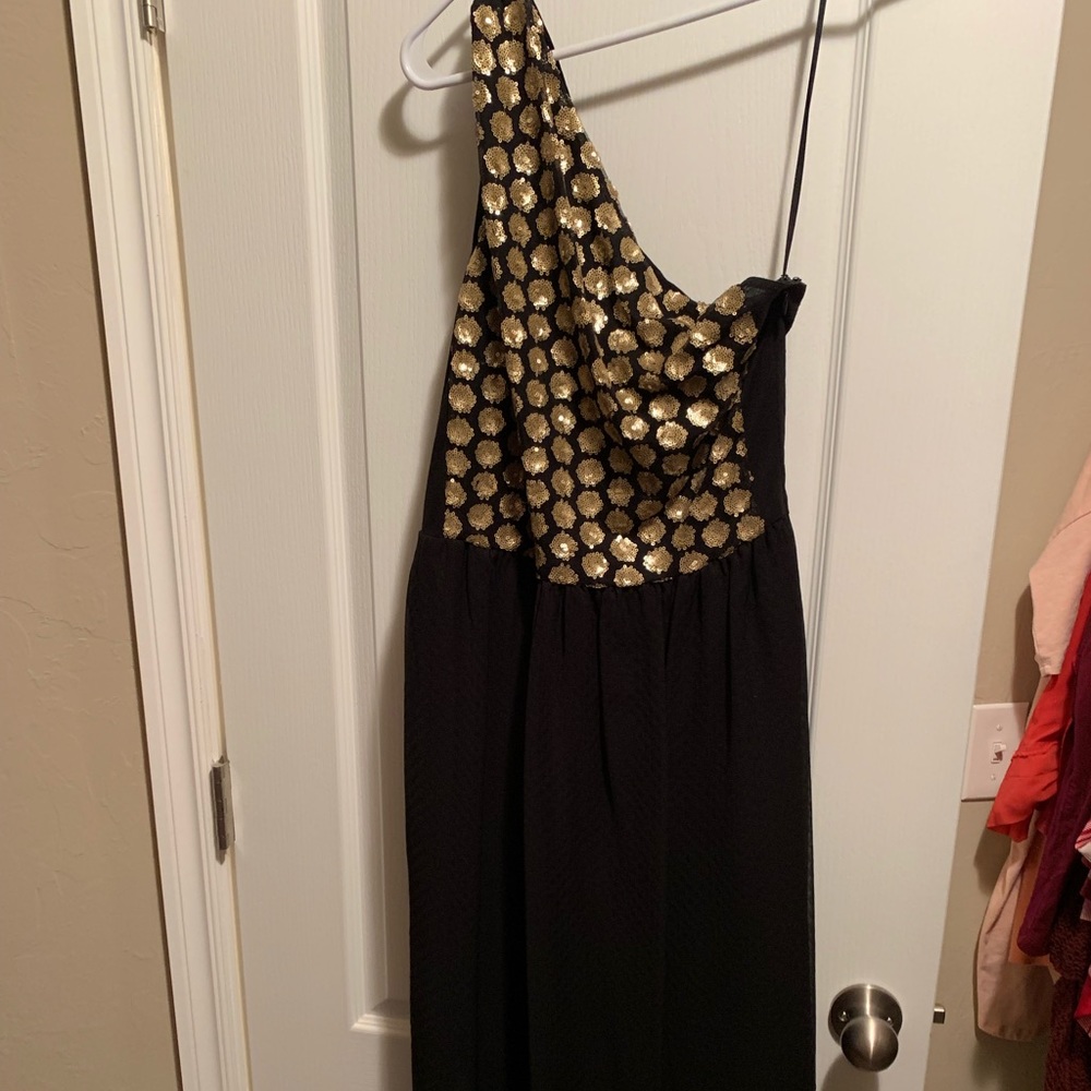 Rachel Roy one shoulder gold and black dress